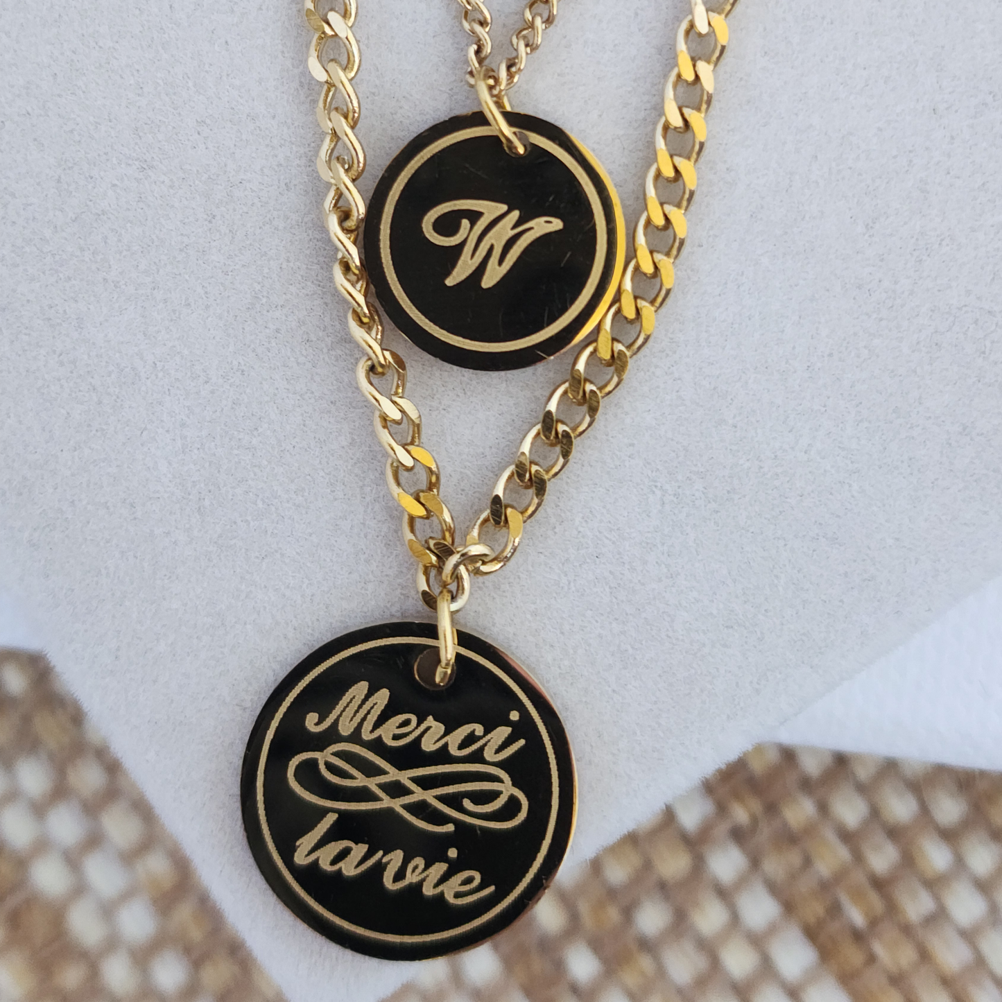 W Empress Necklace – Layered Gold-Toned Trio with Initial & Merci La Vie Pendant