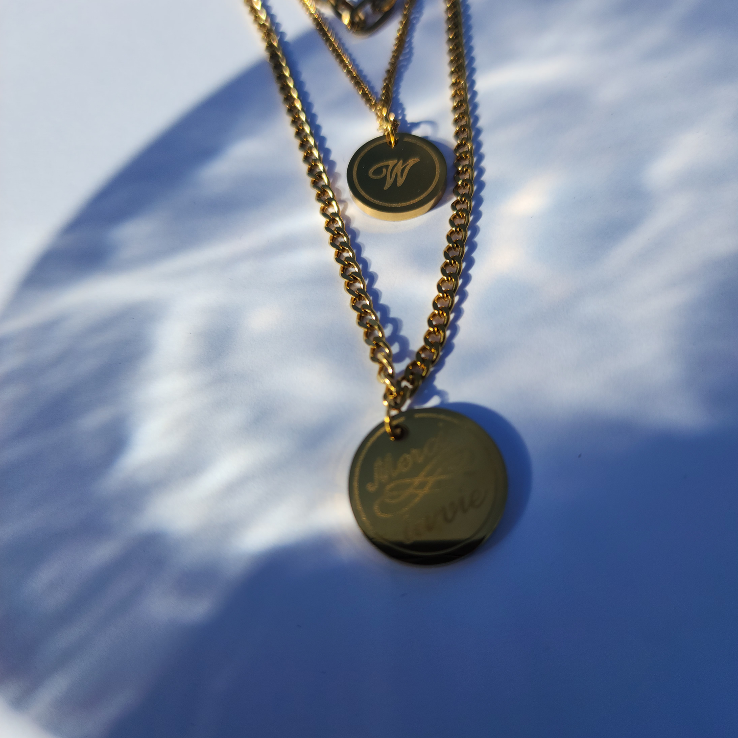 W Empress Necklace – Layered Gold-Toned Trio with Initial & Merci La Vie Pendant