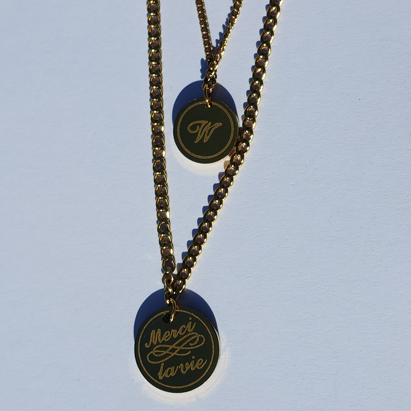 W Empress Necklace – Layered Gold-Toned Trio with Initial & Merci La Vie Pendant