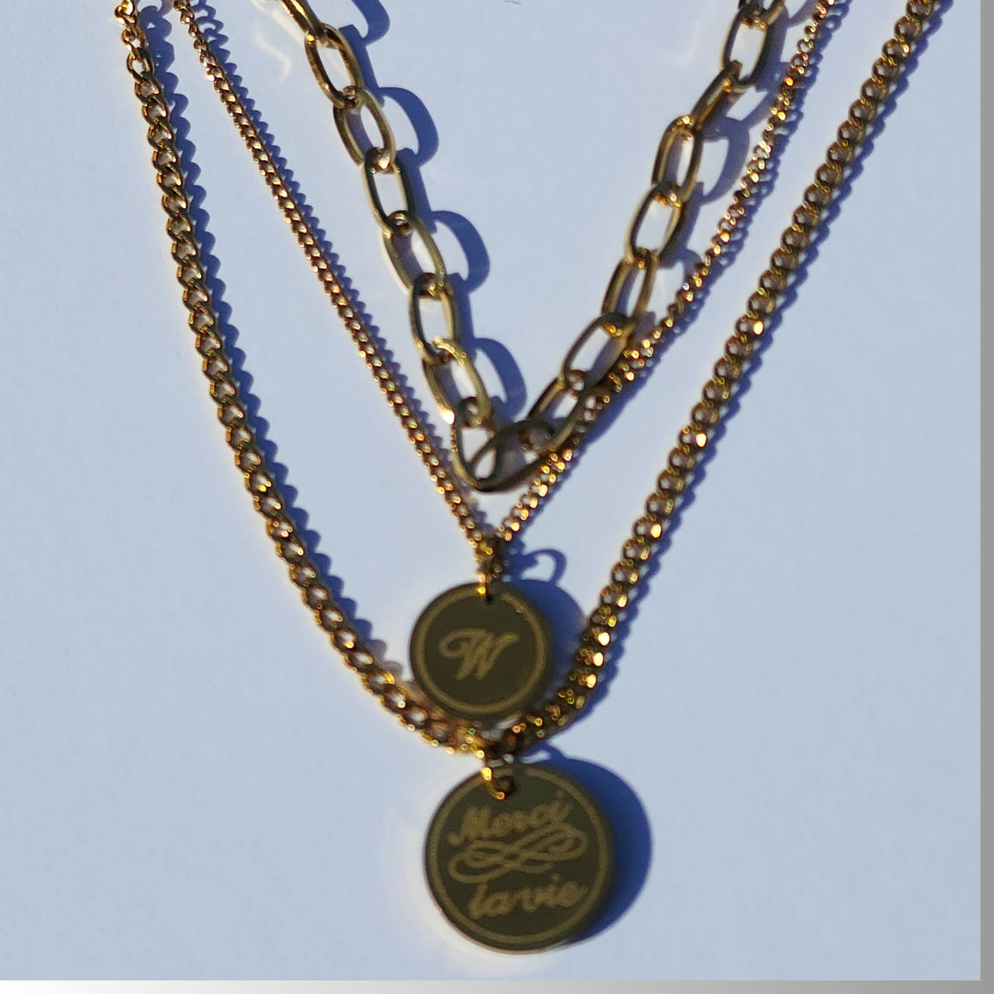 W Empress Necklace – Layered Gold-Toned Trio with Initial & Merci La Vie Pendant