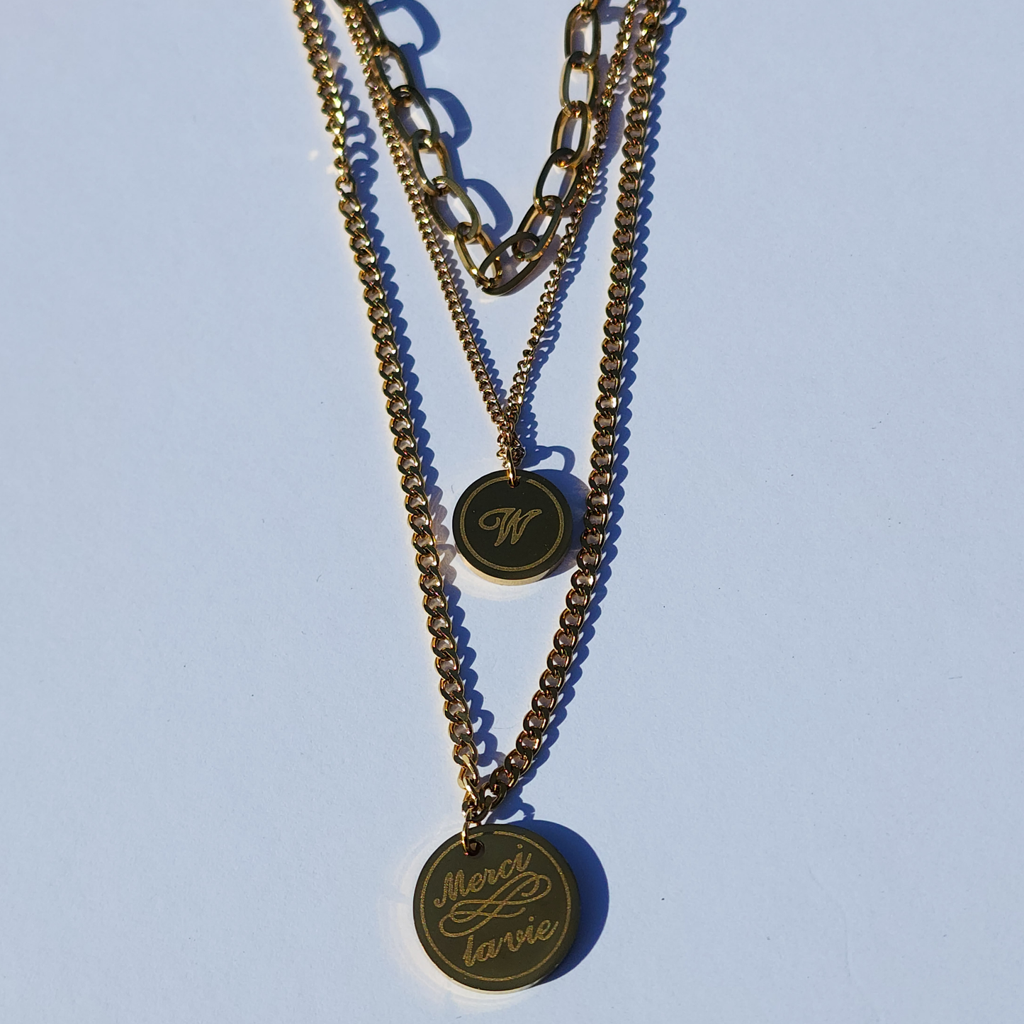 W Empress Necklace – Layered Gold-Toned Trio with Initial & Merci La Vie Pendant