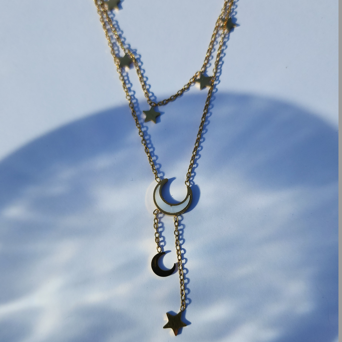 Twilight Threads Necklace – Multi-Layered Moon & Star Charm in 18K Gold Finish