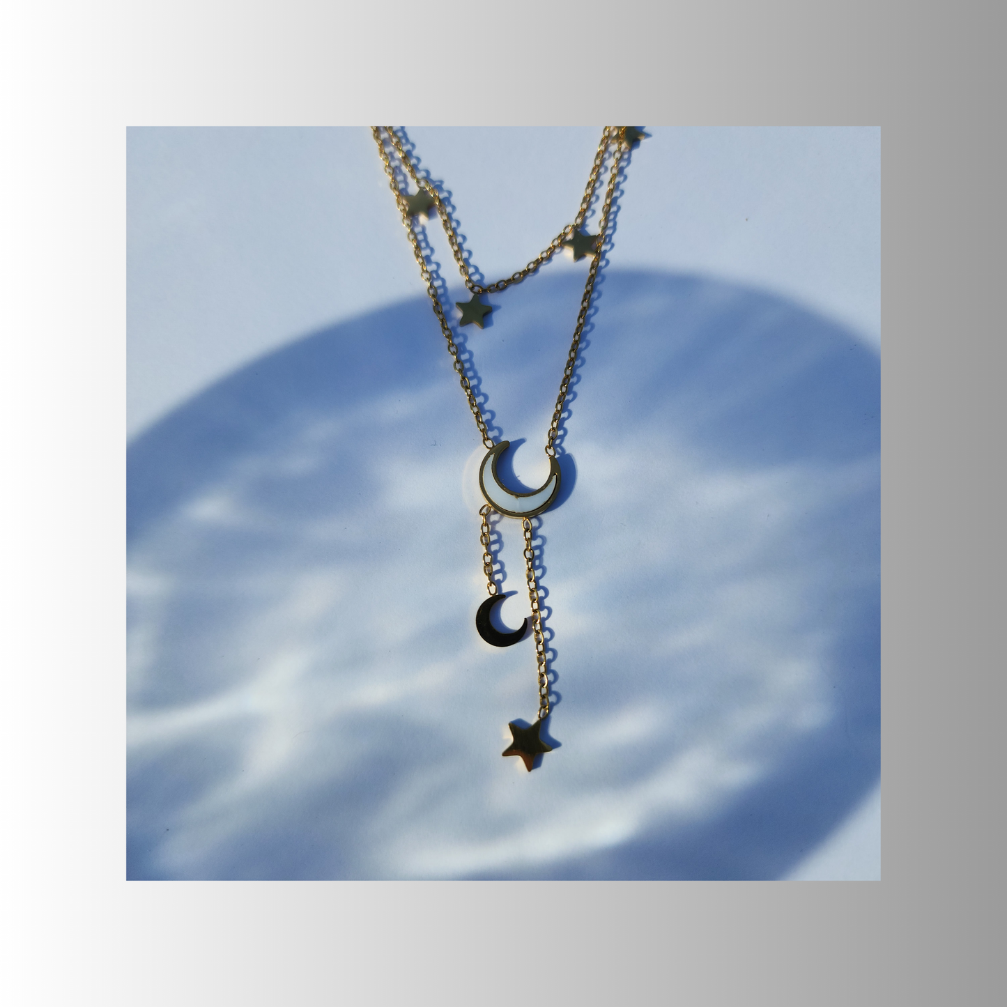 Twilight Threads Necklace – Multi-Layered Moon & Star Charm in 18K Gold Finish