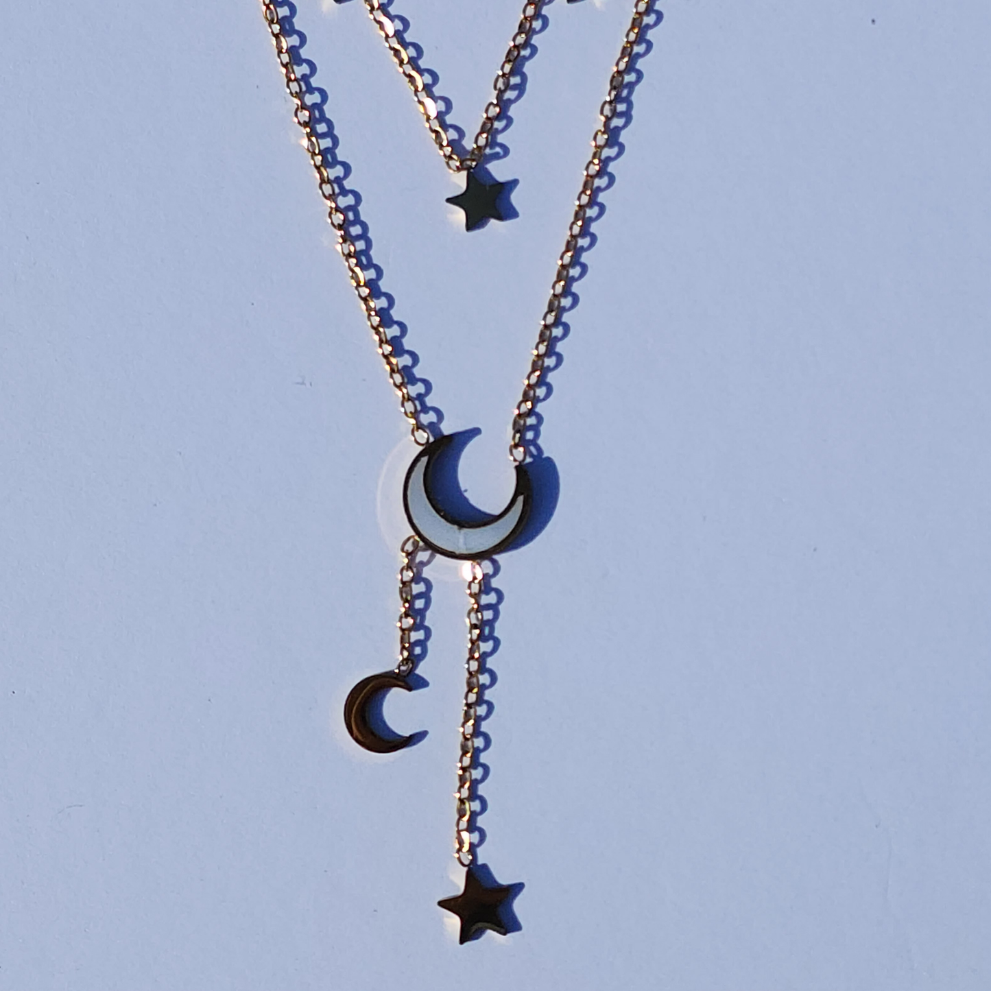 Twilight Threads Necklace – Multi-Layered Moon & Star Charm in 18K Gold Finish