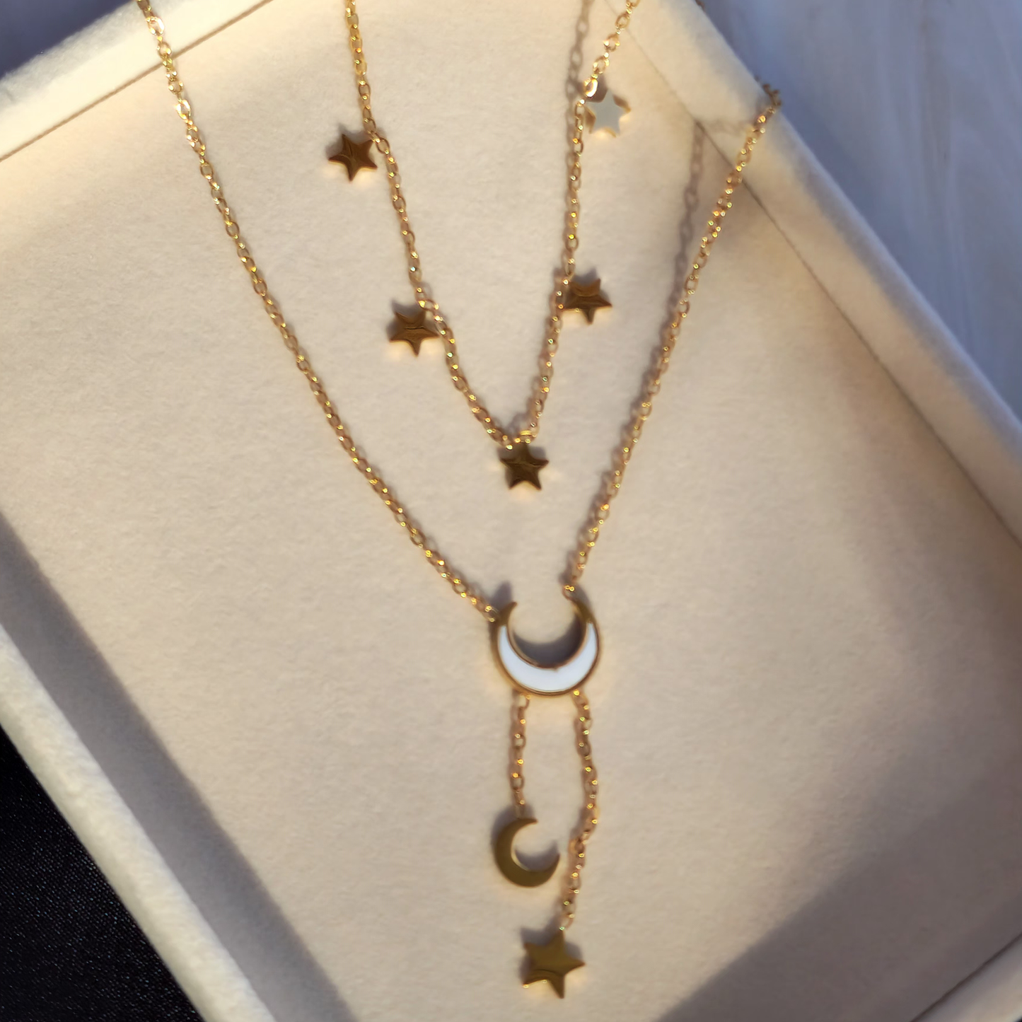 Twilight Threads Necklace – Multi-Layered Moon & Star Charm in 18K Gold Finish