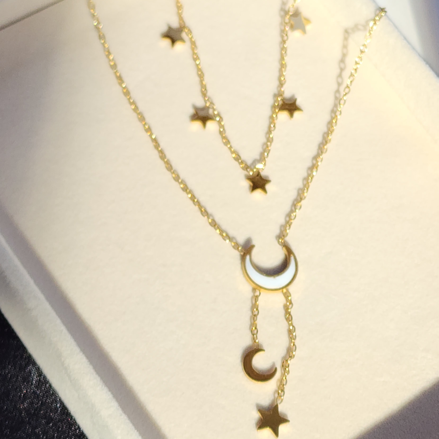 Twilight Threads Necklace – Multi-Layered Moon & Star Charm in 18K Gold Finish