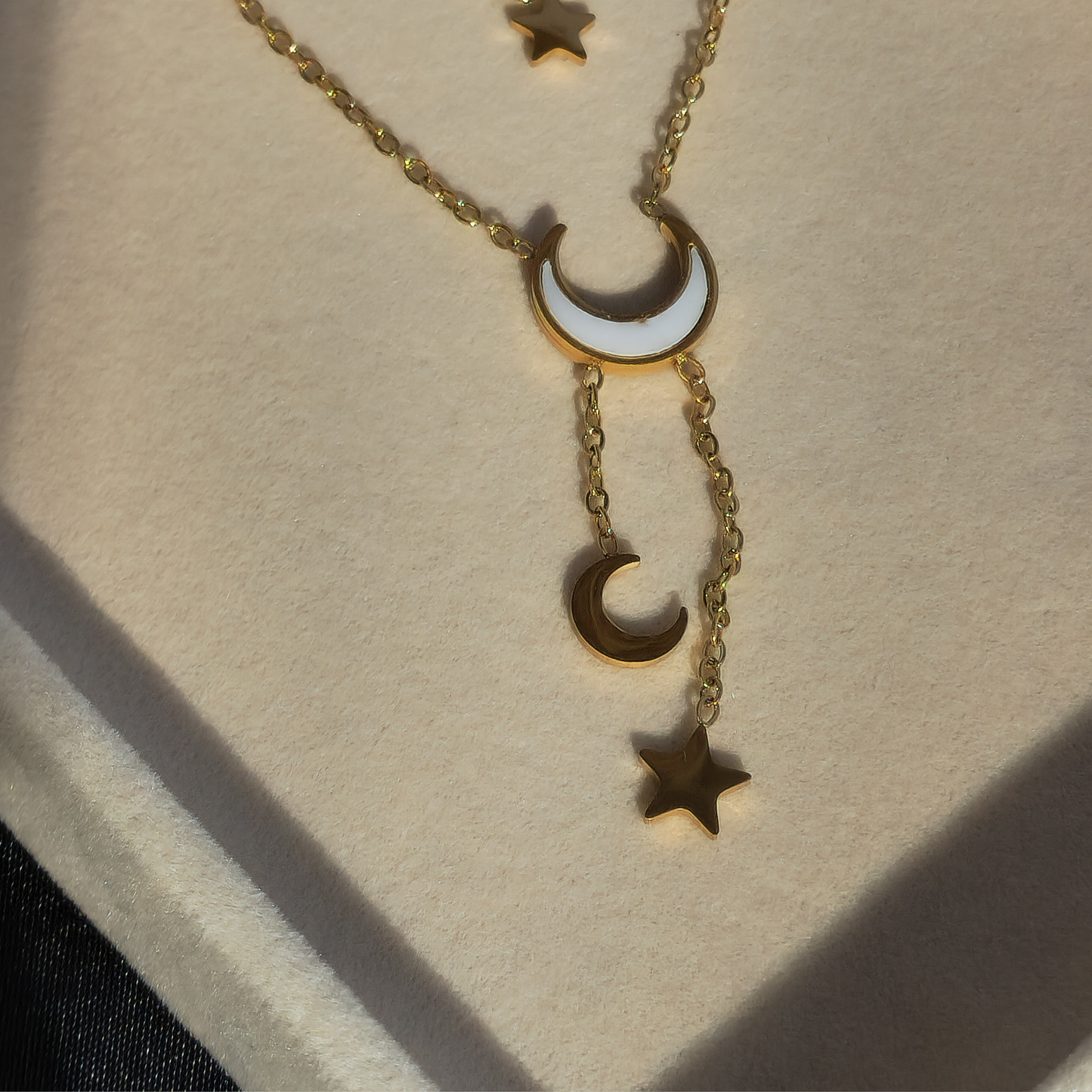 Twilight Threads Necklace – Multi-Layered Moon & Star Charm in 18K Gold Finish