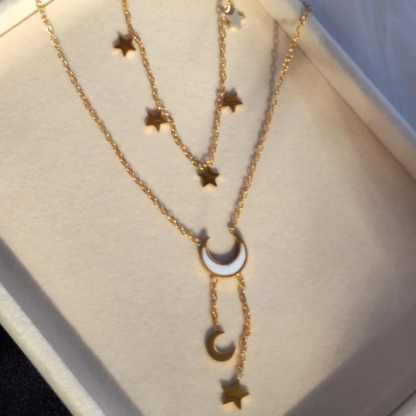 Twilight Threads Necklace – Multi-Layered Moon & Star Charm in 18K Gold Finish