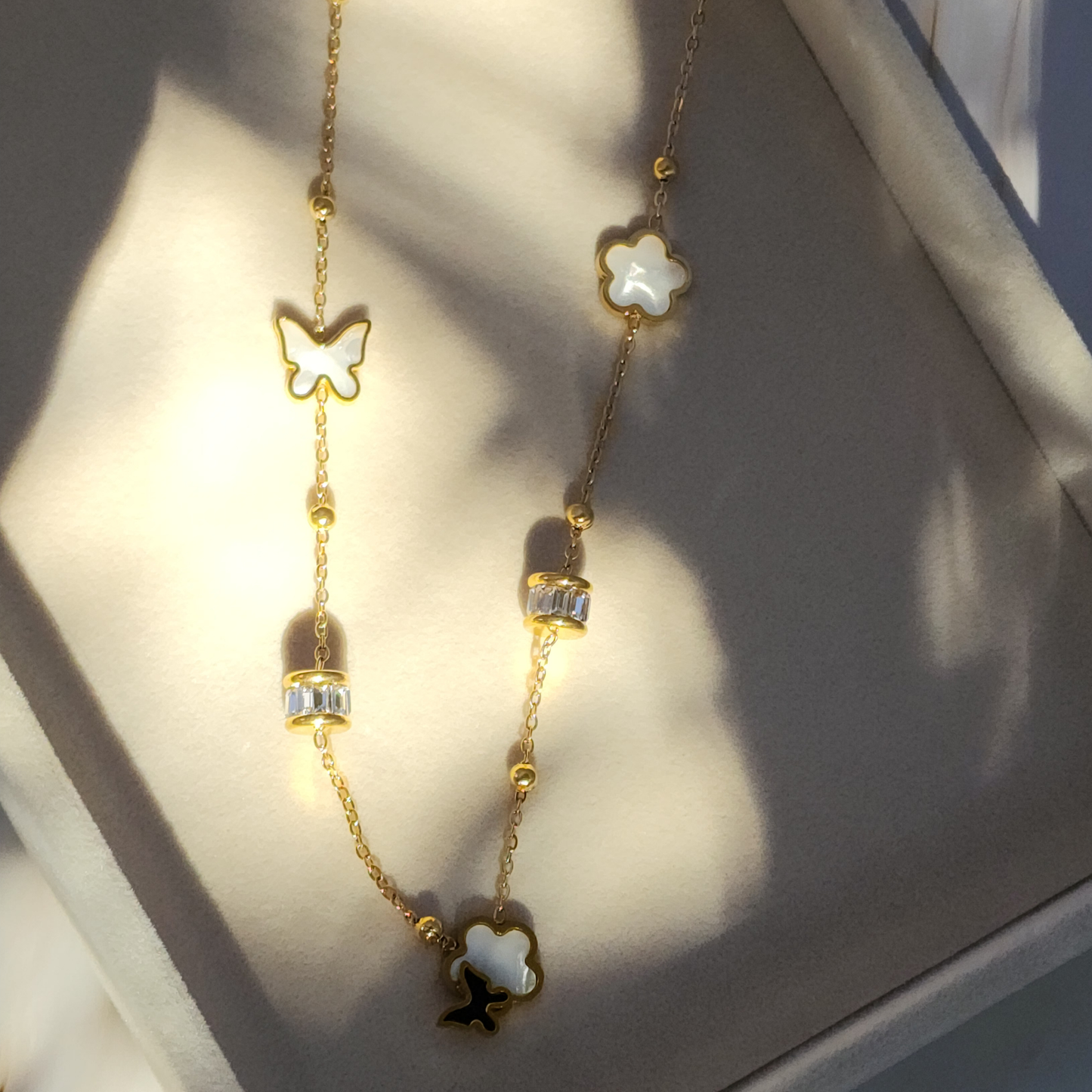 Golden Flutter Necklace – 18K Gold-Plated Heart & Butterfly Charm
