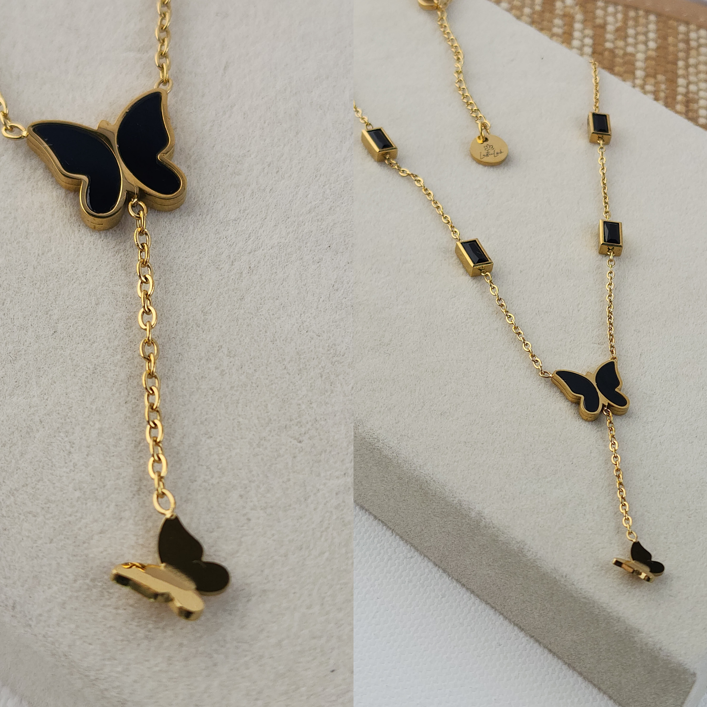 Midnight Muse Necklace – 18K Gold-Plated Lariat with Black Butterfly Charm