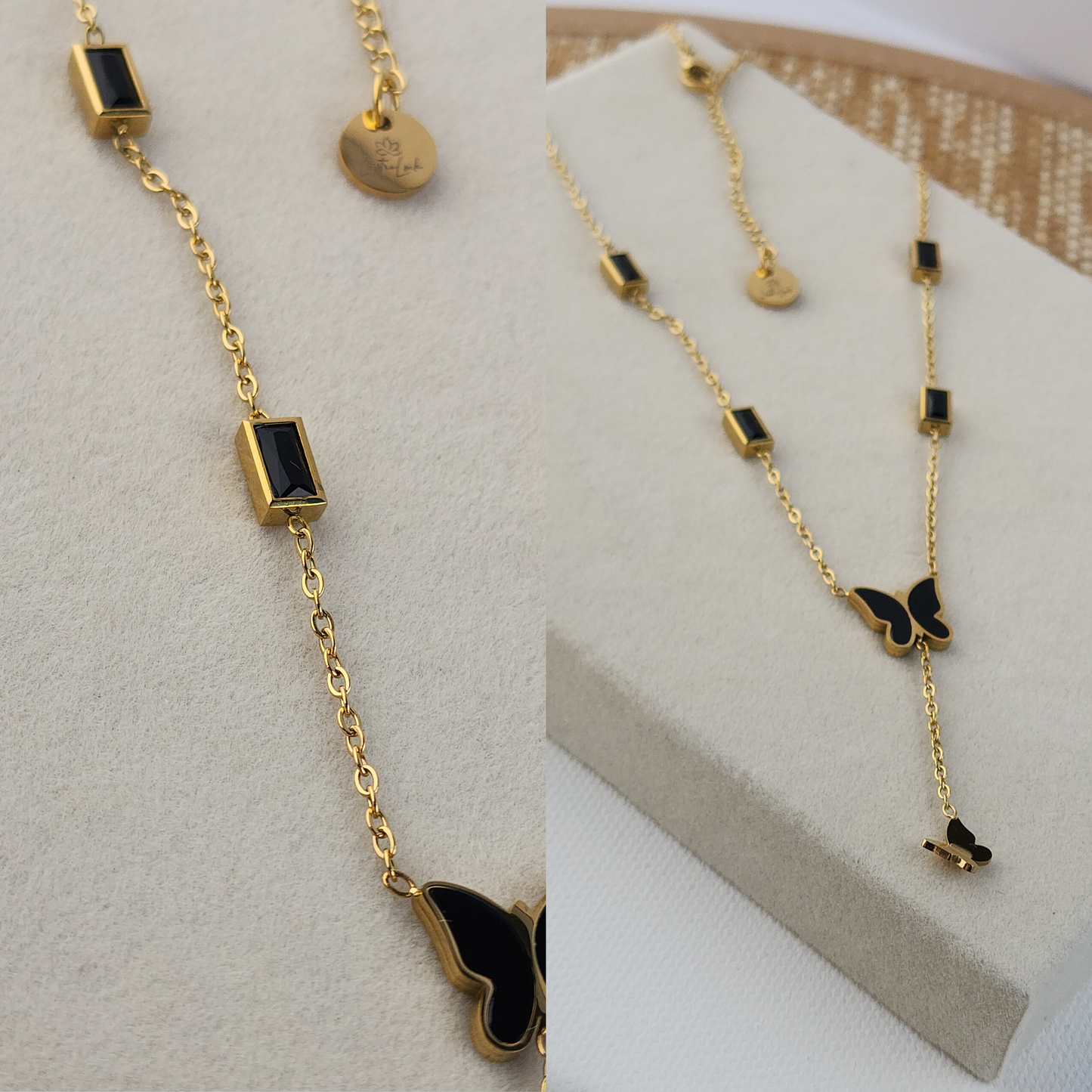 Midnight Muse Necklace – 18K Gold-Plated Lariat with Black Butterfly Charm