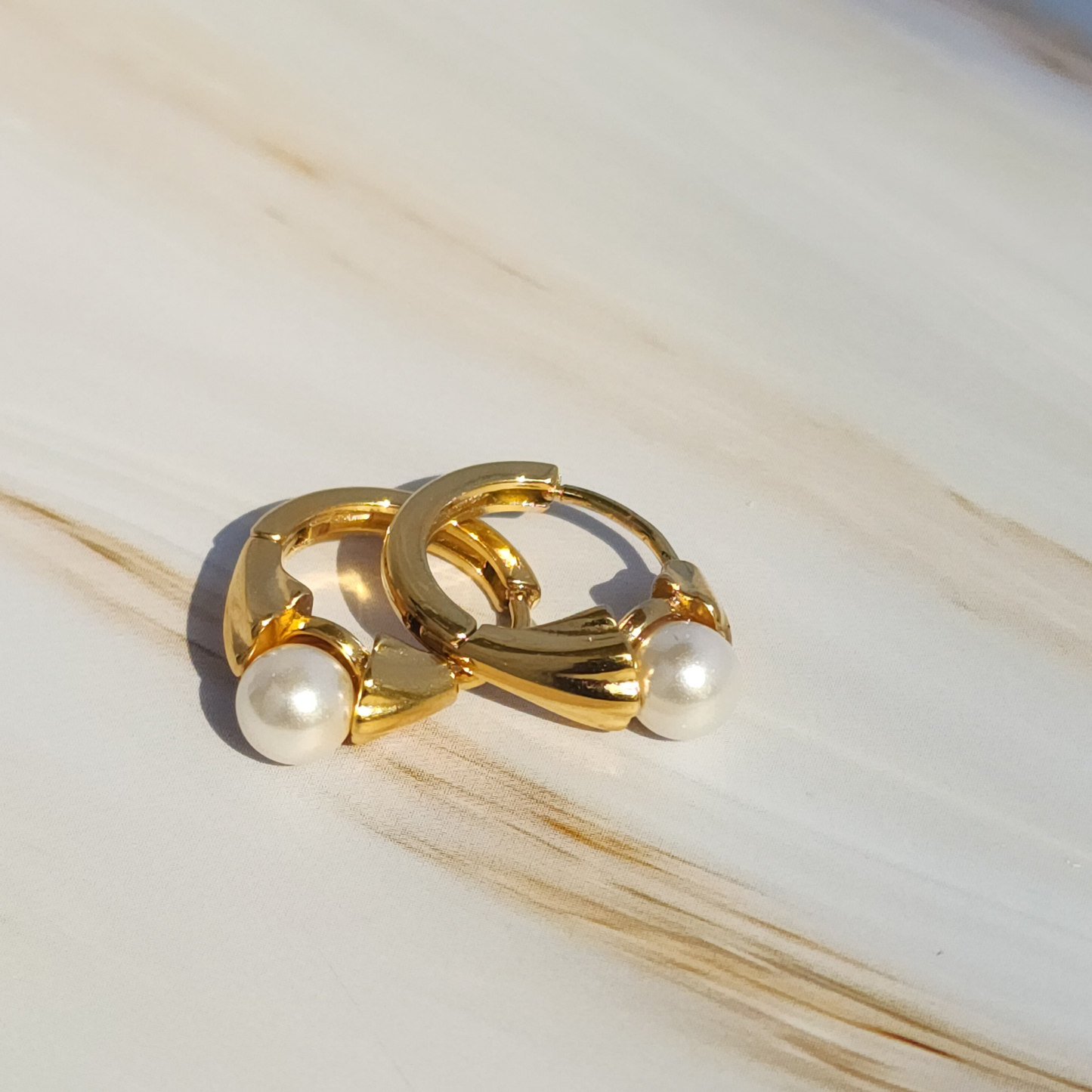 Golden Glow Pearl Hoops – 18K Gold-Toned Earrings with Elegant Pearl Accent