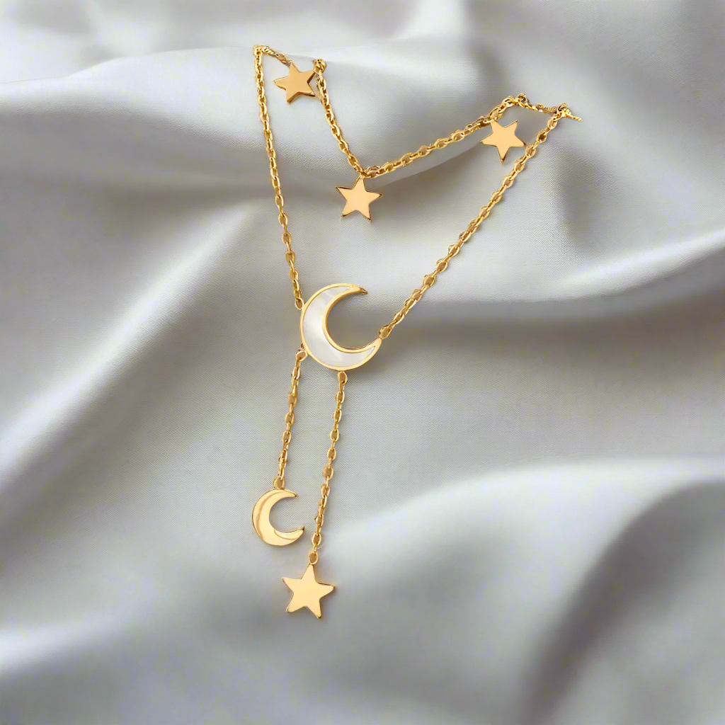 Twilight Threads Necklace – Multi-Layered Moon & Star Charm in 18K Gold Finish
