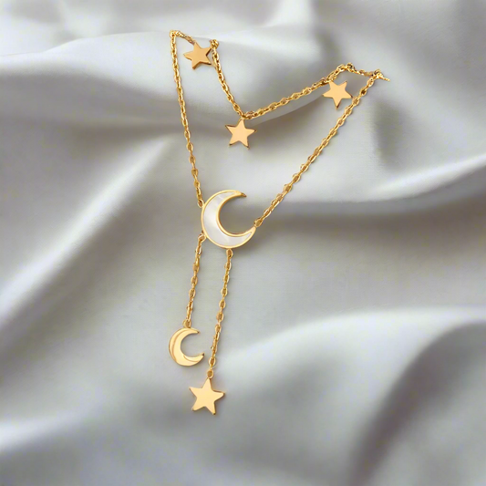 Twilight Threads Necklace – Multi-Layered Moon & Star Charm in 18K Gold Finish