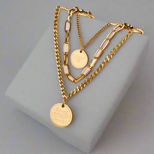 W Empress Necklace – Layered Gold-Toned Trio with Initial & Merci La Vie Pendant