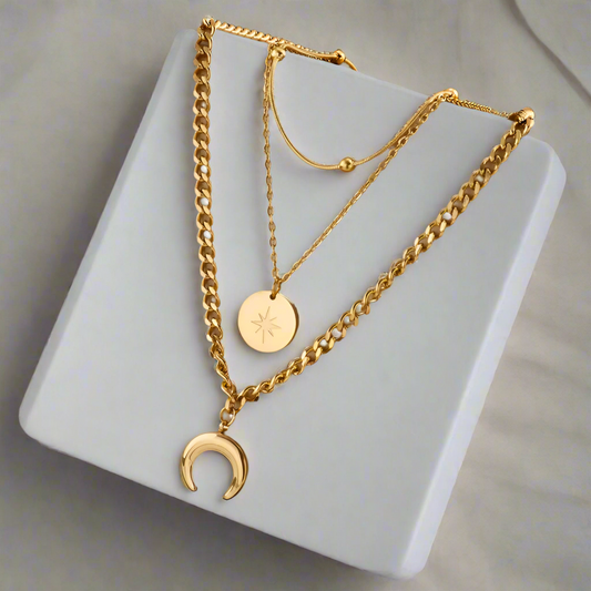 Lunar Radiance Necklace – Crescent Moon Charms 18K gold plated